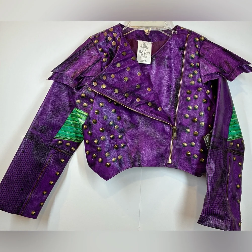 Disney Purple Studded Cropped Leather Moto Jacket with Gold Accents Size 5/6 NWT